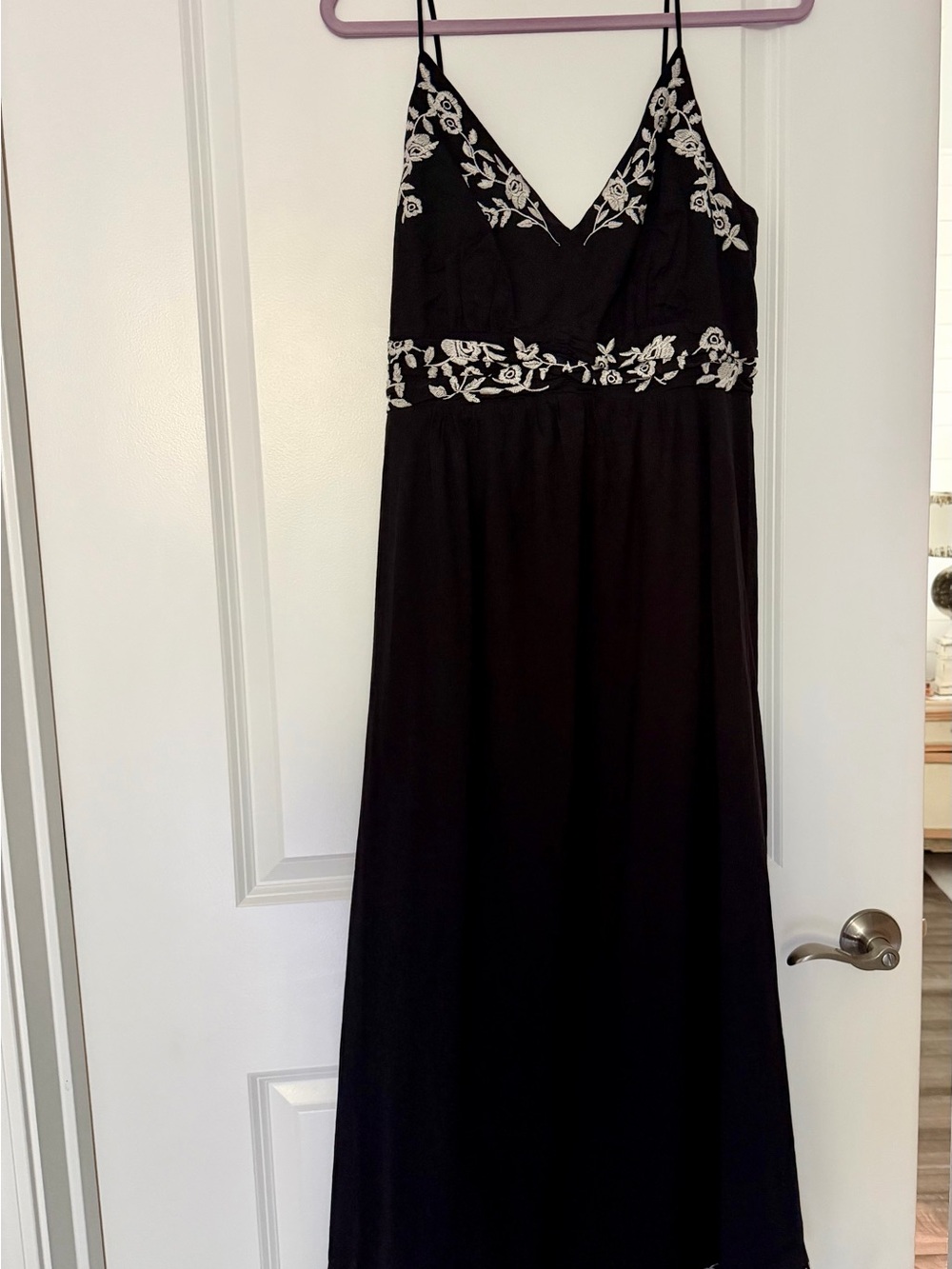 Lucky Brand Black Maxi Dress with White Floral Embroidery